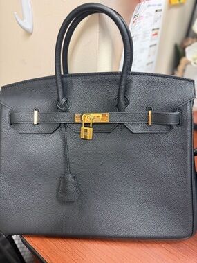 Black Leather Tote with Gold Hardware